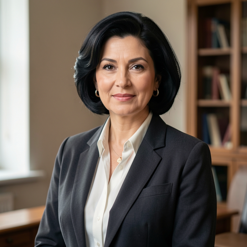 Portret žene u četrdesetim, elegantna, profesionalna, crna kosa, iskusni finansijski savetnik