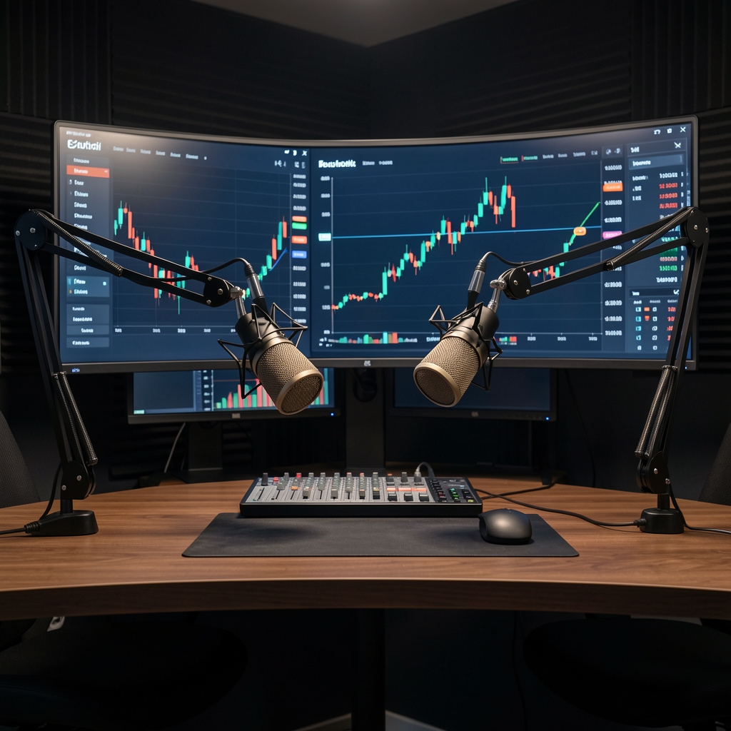 Moderni podcast studio sa profesionalnim mikrofonima, tamnim osvetljenjem i analitičkim ekranima koji prikazuju finansijske grafikone