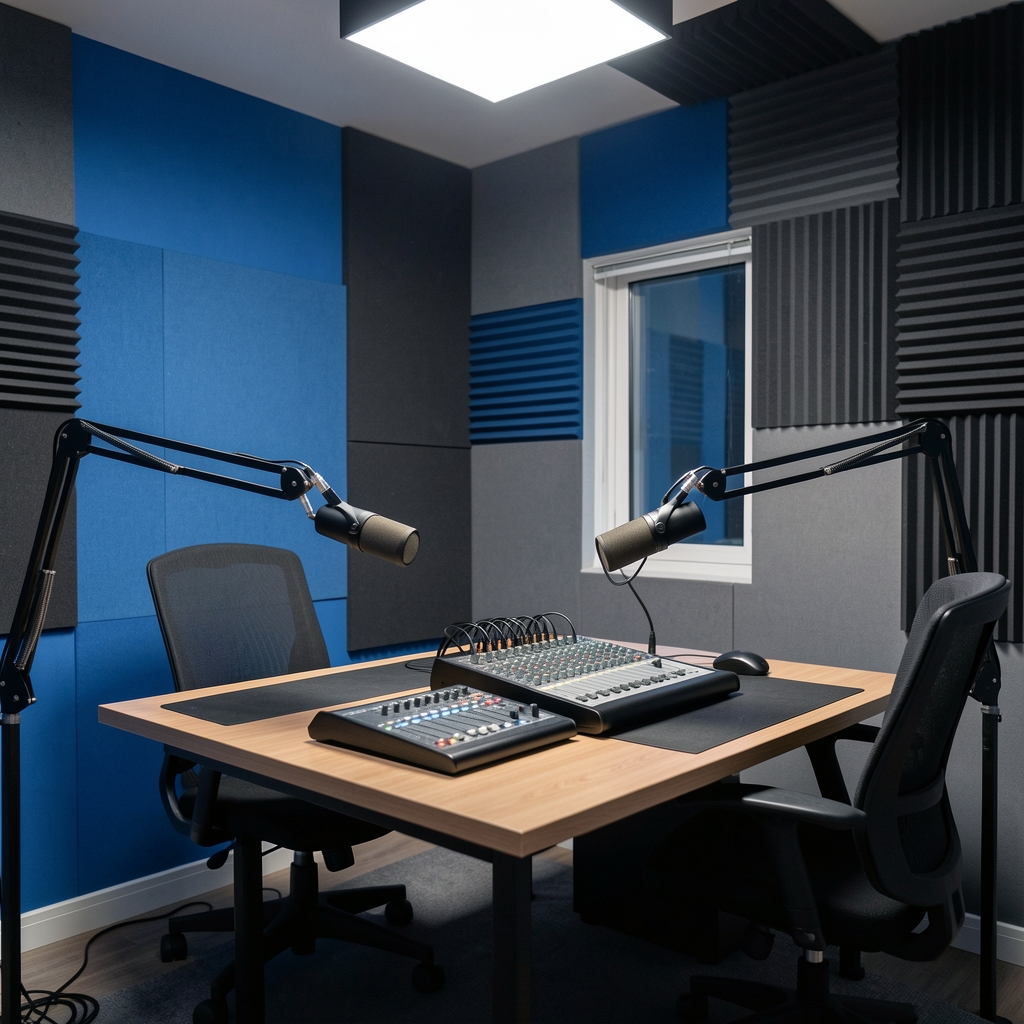 Podcast studio snimanje u modernom prostoru sa zvučnom izolacijom i LED osvetljenjem u plavim tonovima